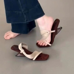 The niche high-end French fairy-style one-word slippers summer temperament high-heeled sandals outerwear fashion