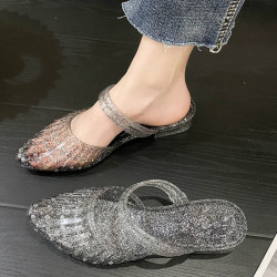 Crystal slippers women's outerwear non-slip odour-proof jelly slope heel wrap head cool slippers beach office two wear