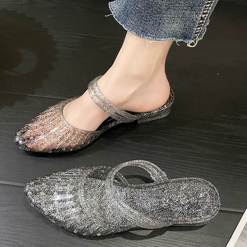 Crystal slippers women's outerwear non-slip odour-proof jelly slope heel wrap head cool slippers beach office two wear