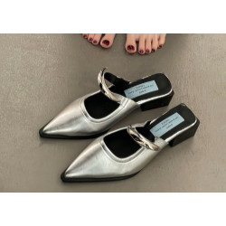 Comfortable pointed metal buckle wrap head half slippers one pedal slope heel outer wear mule cool slippers