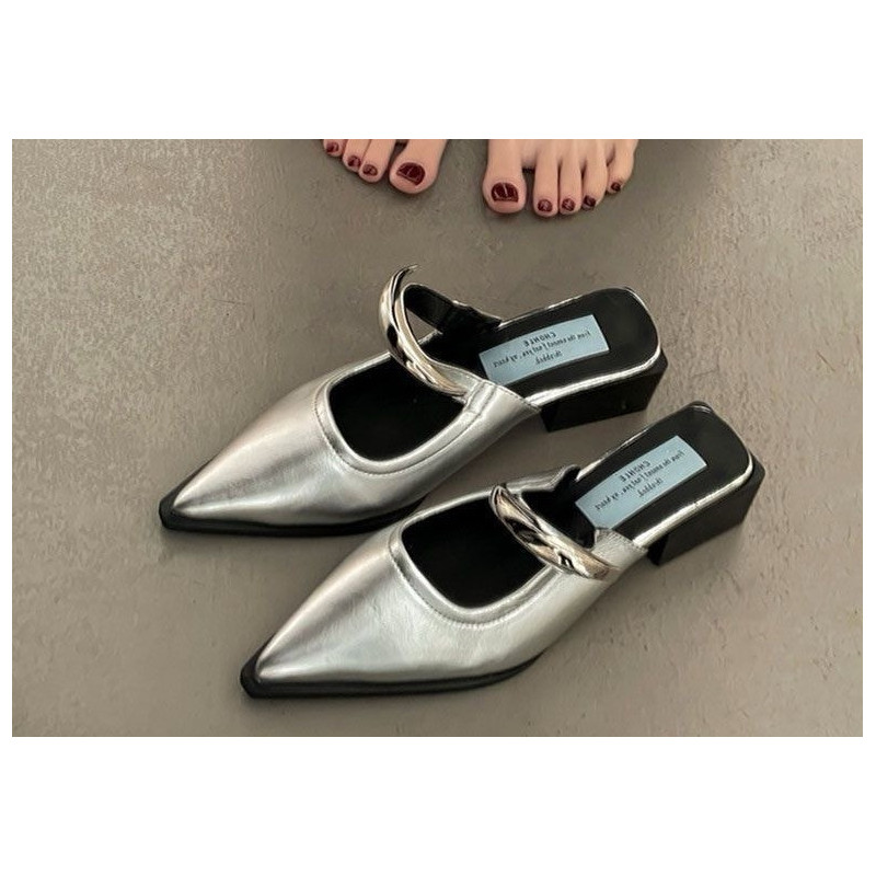 Comfortable pointed metal buckle wrap head half slippers one pedal slope heel outer wear mule cool slippers