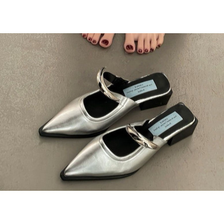Comfortable pointed metal buckle wrap head half slippers one pedal slope heel outer wear mule cool slippers