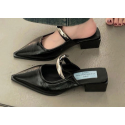 Comfortable pointed metal buckle wrap head half slippers one pedal slope heel outer wear mule cool slippers
