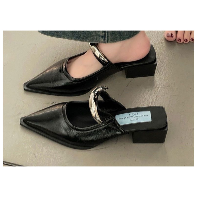 Comfortable pointed metal buckle wrap head half slippers one pedal slope heel outer wear mule cool slippers