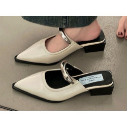 Comfortable pointed metal buckle wrap head half slippers one pedal slope heel outer wear mule cool slippers