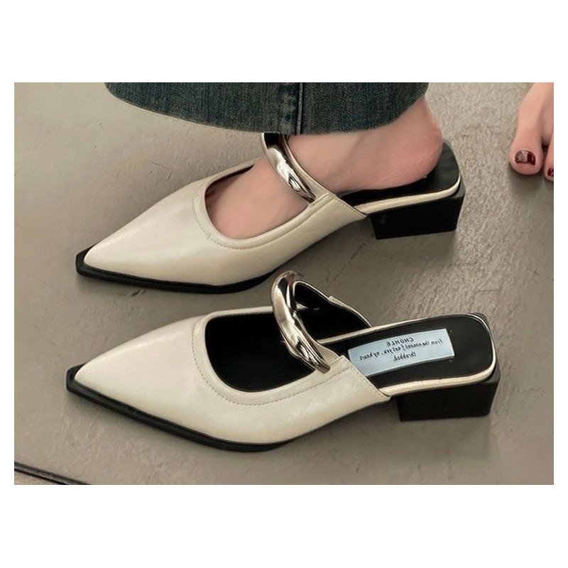 Comfortable pointed metal buckle wrap head half slippers one pedal slope heel outer wear mule cool slippers