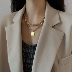 Exaggerated thick chain square brand metal double layer clavicle chain for women
