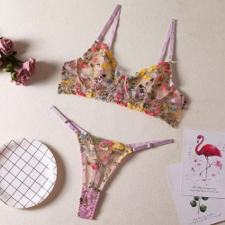 Sexy small flower single layer with underwire bra thong erotic underwear set