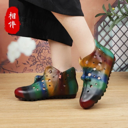 Accompanying hollow cowhide cool boots new breathable soft sole leather shoes round toe flat leather women's shoes