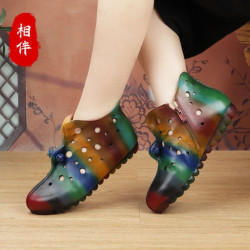 Accompanying hollow cowhide cool boots new breathable soft sole leather shoes round toe flat leather women's shoes