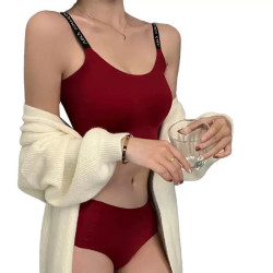 Jelly support set underwear women's traceless English belt gathered top support naked feeling big red large size bra