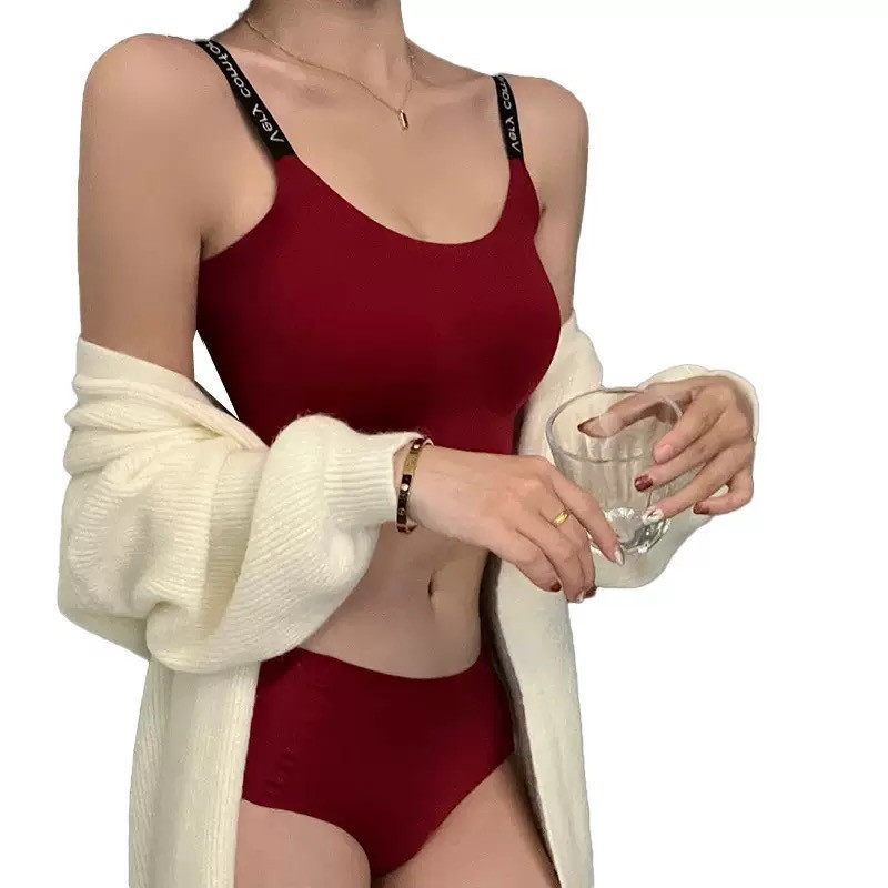 Jelly support set underwear women's traceless English belt gathered top support naked feeling big red large size bra