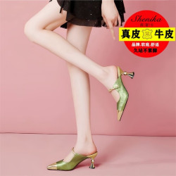 New high-heeled slippers, women's summer outerwear, thin-heeled leather, high-grade wrap-head half-flops