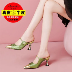 New high-heeled slippers, women's summer outerwear, thin-heeled leather, high-grade wrap-head half-flops