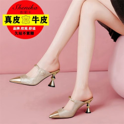 New high-heeled slippers, women's summer outerwear, thin-heeled leather, high-grade wrap-head half-flops