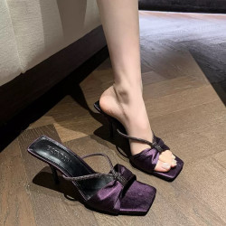 Large-size high-heeled slippers, square-headed, thin-heeled, high-end, outerwear, rhinestone strip, one word