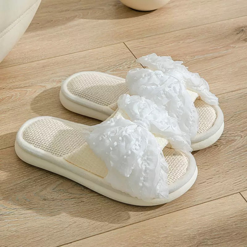 Bow linen slippers indoor cool slippers summer home girl cotton linen slippers female