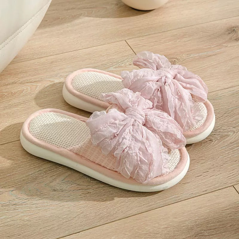 Bow linen slippers indoor cool slippers summer home girl cotton linen slippers female