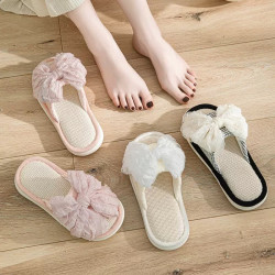 Bow linen slippers indoor cool slippers summer home girl cotton linen slippers female