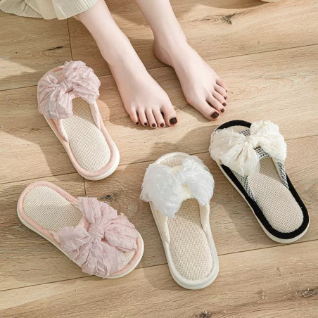 Bow linen slippers indoor cool slippers summer home girl cotton linen slippers female