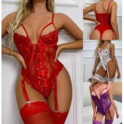 Lace see-through super hot French sexy backless camisole girl's bodysuit lingerie on the bed spicy teasing