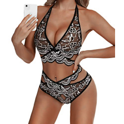 Lace strap separate swimsuit bikini sexy three-point French neck netting lingerie cross belt