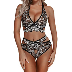Lace strap separate swimsuit bikini sexy three-point French neck netting lingerie cross belt