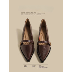 Genuine leather French pointed toe camelia high-heeled vintage brown Mary Jane small leather shoes