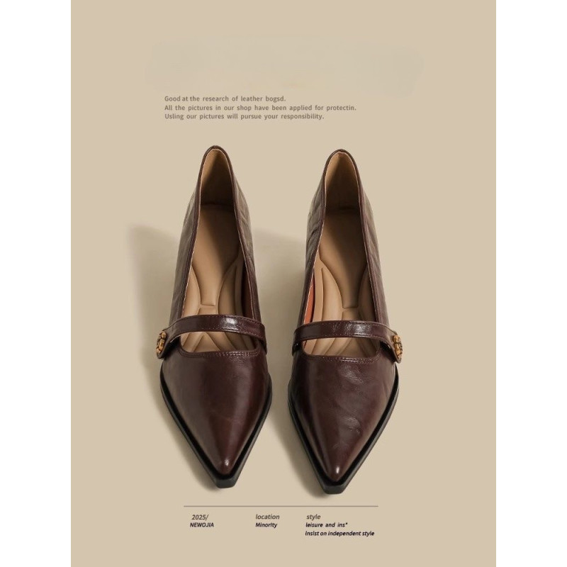 Genuine leather French pointed toe camelia high-heeled vintage brown Mary Jane small leather shoes