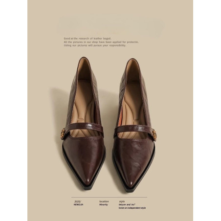 Genuine leather French pointed toe camelia high-heeled vintage brown Mary Jane small leather shoes