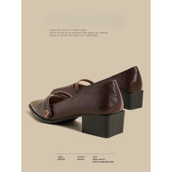 Genuine leather French pointed toe camelia high-heeled vintage brown Mary Jane small leather shoes