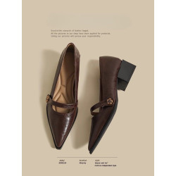 Genuine leather French pointed toe camelia high-heeled vintage brown Mary Jane small leather shoes
