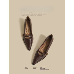 Genuine leather French pointed toe camelia high-heeled vintage brown Mary Jane small leather shoes