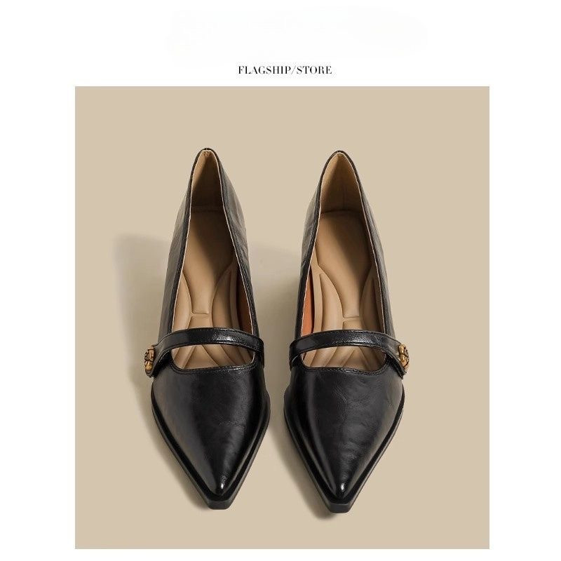 Genuine leather French pointed toe camelia high-heeled vintage brown Mary Jane small leather shoes
