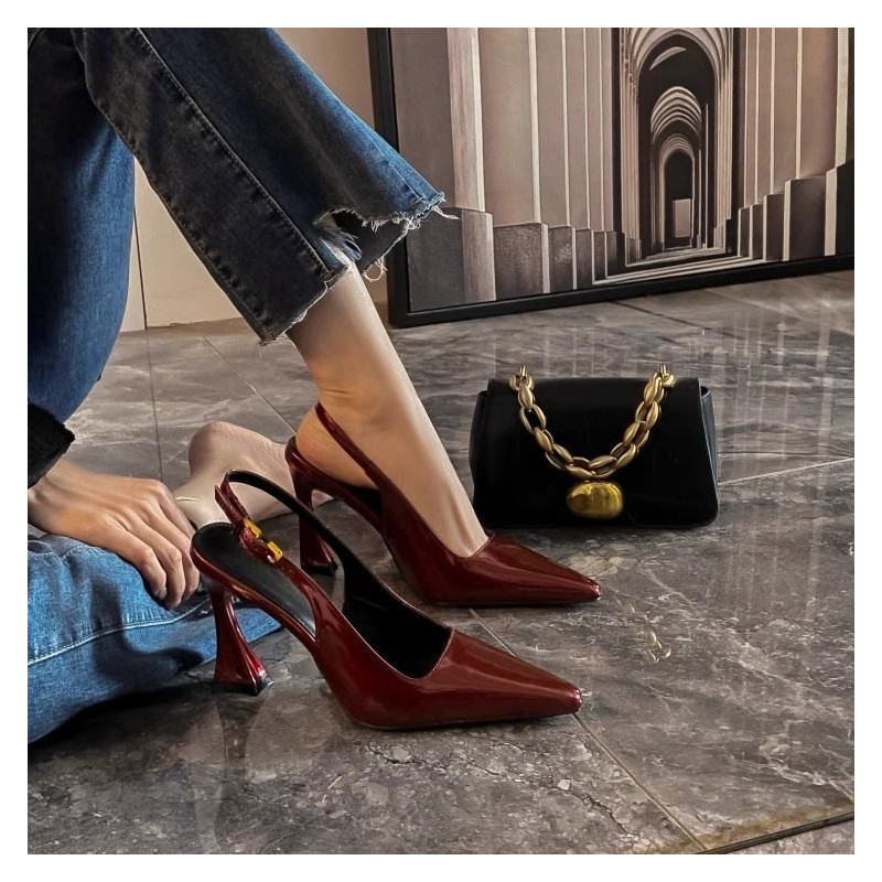 DRYWORLD sexy bag head catwalk sandals patent leather thin heel back trip with pointed toe high heels for women