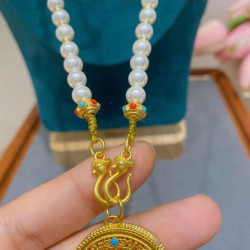 Filigree Ancient Gold Five Blessings Hollow Disc Long Necklace