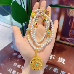 Filigree Ancient Gold Five Blessings Hollow Disc Long Necklace
