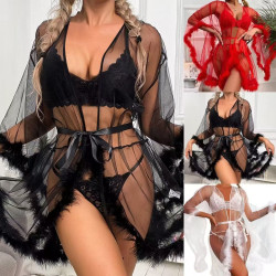 A iExpress sheer lace sexy transparent lingerie cross-border cardigan mesh waist-cinching temperament splicing fluff