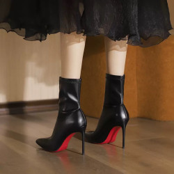 New elastic skinny boots leather red sole pointed toe thin heel temperament black boots women