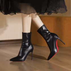 New elastic skinny boots leather red sole pointed toe thin heel temperament black boots women