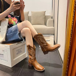 Vintage embroidery V Martin boots thick heel boots knight boots short boots western cowboy boots