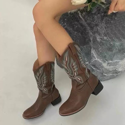 Vintage embroidery V Martin boots thick heel boots knight boots short boots western cowboy boots