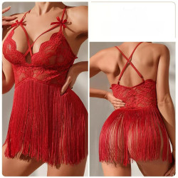 Sexy lace lingerie with sweet frills sheer temptation deep V-neck crisscross backless camisole nightgown.