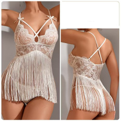 Sexy lace lingerie with sweet frills sheer temptation deep V-neck crisscross backless camisole nightgown.