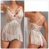 Sexy lace lingerie with sweet frills sheer temptation deep V-neck crisscross backless camisole nightgown.