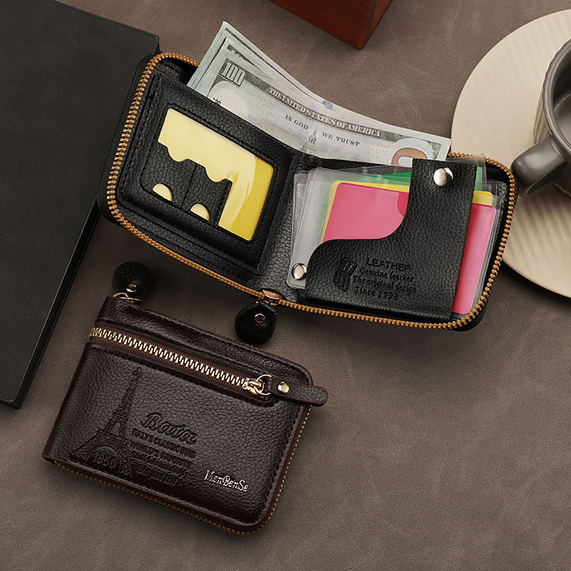 Men's short wallet zipper multi-card slot card holder certificate holder fashionable durable easy to carry