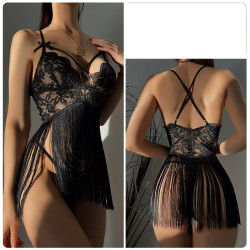 Sexy lace lingerie with sweet frills sheer temptation deep V-neck crisscross backless camisole nightgown.