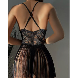 Sexy lace lingerie with sweet frills sheer temptation deep V-neck crisscross backless camisole nightgown.