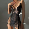 Sexy lace lingerie with sweet frills sheer temptation deep V-neck crisscross backless camisole nightgown.