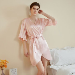 New women's pajamas, light luxury simple lotus leaf sleeve cool short belted bathrobe, summer home wear.